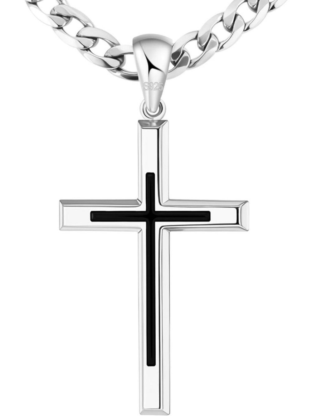 925 Sterling Silver Cross Necklace for Men & Women, Durable Black Cuban Link